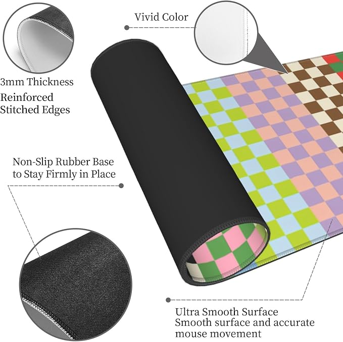 Colorful Checkerboard Gaming Mouse Pad Extended Desk Mat 31.5x11.8in | Gaming Mousepad, Non-Slip Rubber Base, Large Keyboard Pad with Stitched Edges, Desktop Protector, for Office Home