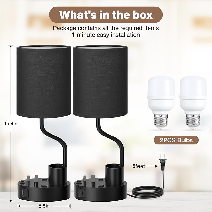 Bedside Lamps for Bedroom Set of 2 - Table Desk Lamp for Nightstand | 15" Table Lamp for Living Room with Pen Holder & Phone Stand, USB A+C Port, AC Outlet, 3 Color Temperature, LED Bulb Included