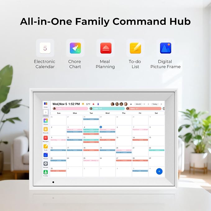 Digital Picture Frame, 10.1 Inch Digital Calendar with 1280 * 800 HD IPS Touch Screen, Smart Photo Frame Built-in 32GB Memory, Auto-Rotate Easy Setup to Share Photos or Videos via AiMOR APP (White)