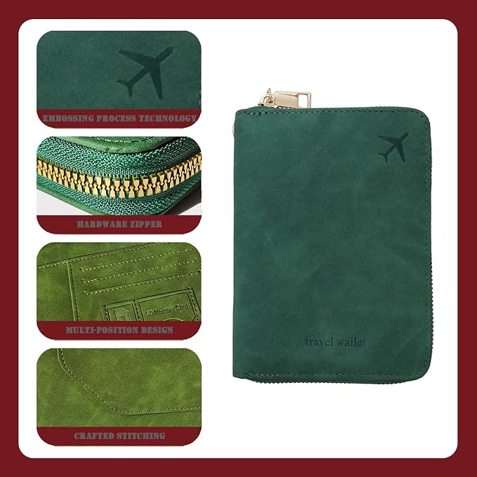 Passport Holder with Tether and Carabiner Clip to Prevent Loss and Theft, Rfid Passport Holder for Travel, Passport Cover, Wallet & Case for Men and Women (Green - Tether and Carabiner)