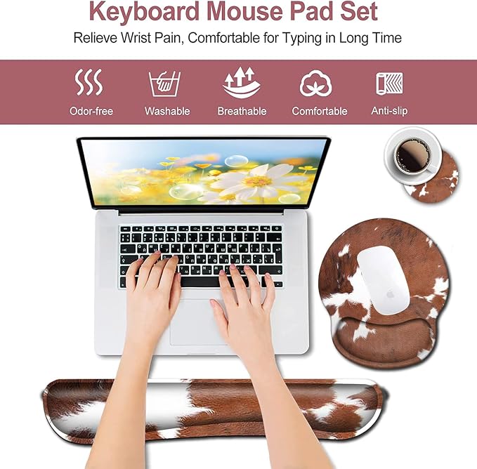 Keyboard Wrist Rest and Mouse Pad with Wrist Support Ergonomic Mousepad Coaster, Easy Typing Pain Relief Keyboard Set, Memory Foam Keyboard Wrist Rest,Cowhide Farm Animal Skin Leopard Brown Cow