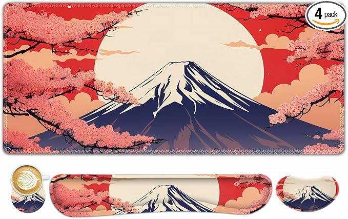 ToLuLu Large Mouse Pad Desk Pad Set, Wrist Rest Support Desk Mat for Keyboard Mouse, 4PCS 35.4”x15.7 XXL Giant Mouse Pad, Non-Slip Base Mousepad Office Desk Decor, Japanese Moon Red Cherry Blossom
