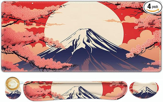 ToLuLu Large Mouse Pad Desk Pad Set, Wrist Rest Support Desk Mat for Keyboard Mouse, 4PCS 35.4”x15.7 XXL Giant Mouse Pad, Non-Slip Base Mousepad Office Desk Decor, Japanese Moon Red Cherry Blossom