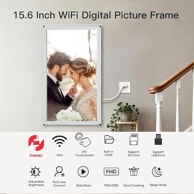 Frameo Digital Picture Frame,15.6'' WiFi Slim Acrylic Smart Cloud Electronic Photo Frame, HD IPS Touch Screen Slideshow, 32GB Storage, Share Photos/Videos via App (Size: 15.51X9.7Inch)