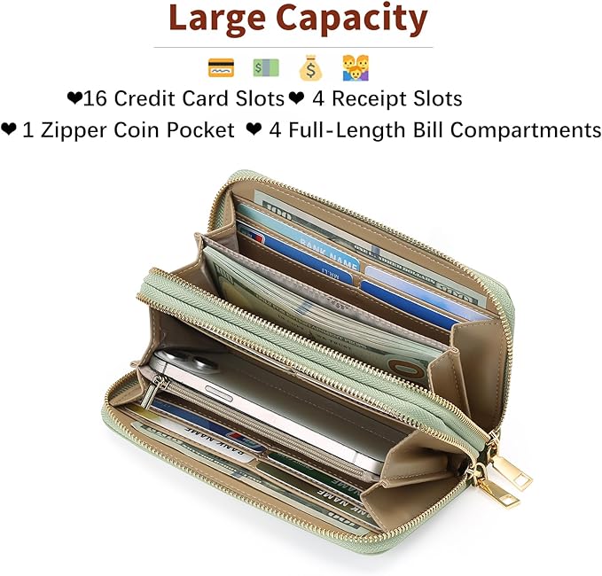 GOIACII Women's Wallet Large Capacity Double Zip Ladies Card Phone Holder RFID Blocking Wristlet Leather
