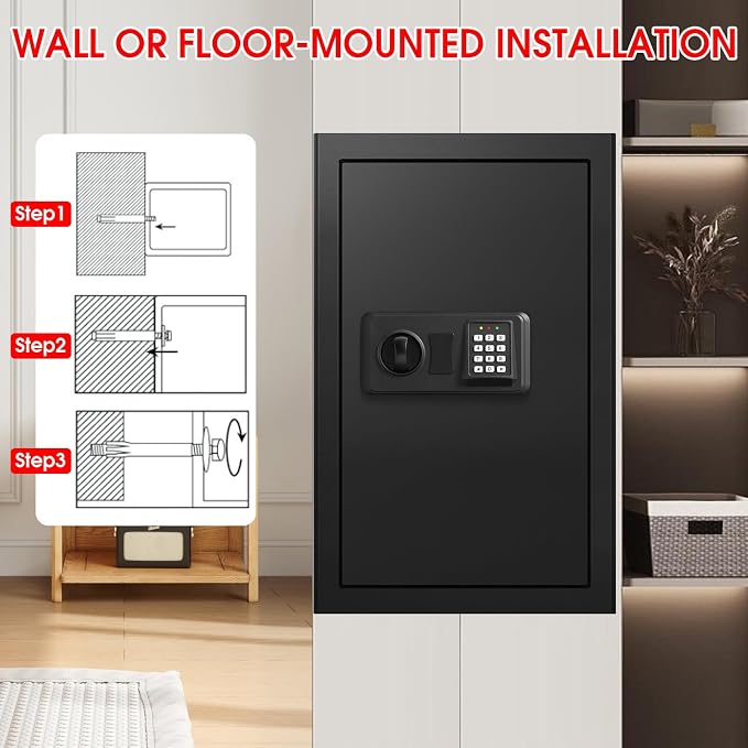 5.2 Cub Large Home Safes Fireproof Waterproof, Anti-theft Fire Safe with Programmable Keypad, Spare Keys and 3 Removable Shelves, Digital Home Security Safe Box for Home Document Money Valuables