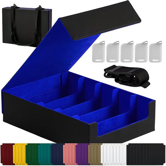 Magnetic Leather Trading Card Storage Box - 5-Row Deck Case Design, 3900+ Capacity for YuGiOh, MTG, TCG and Sports Cards, Includes 24 Colorful Dividers & 5 Card Supports（ Black/Blue）