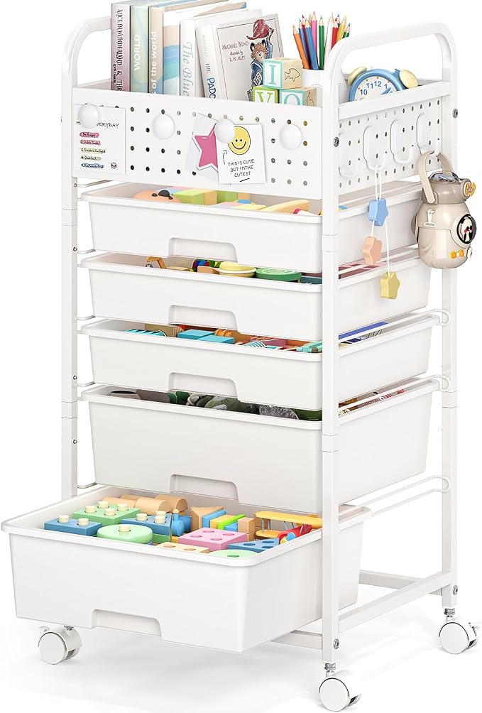5 Drawer Rolling Storage Cart with Pegboard Top and Hooks, White | Mobile Utility Organizer with Wheels for Office Supplies, Craft Storage, Classroom Organization, Home Storage Cart