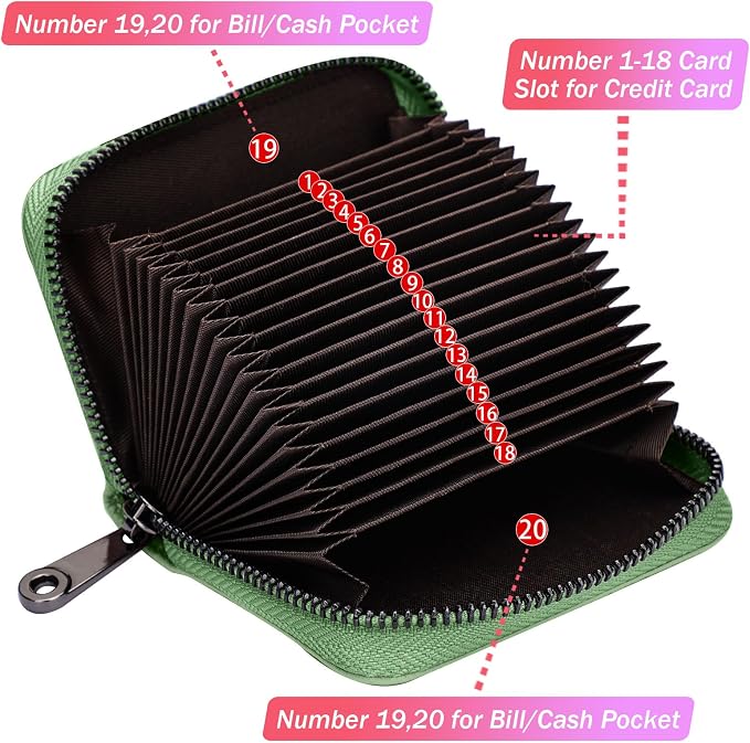 Linno RFID 20 Slots Credit Card Holder Genuine Leather Small Wallet for Women or Men with Zipper