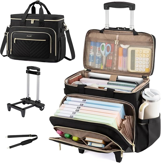 LOVEVOOK Rolling Teacher Bag, Laptop Tote with Detachable Dolly | Fits 17.3 Inch Laptop, Detachable Dolly, Large Rolling Tote Bag for Teacher Office Work Nurse, Adjustable Handle