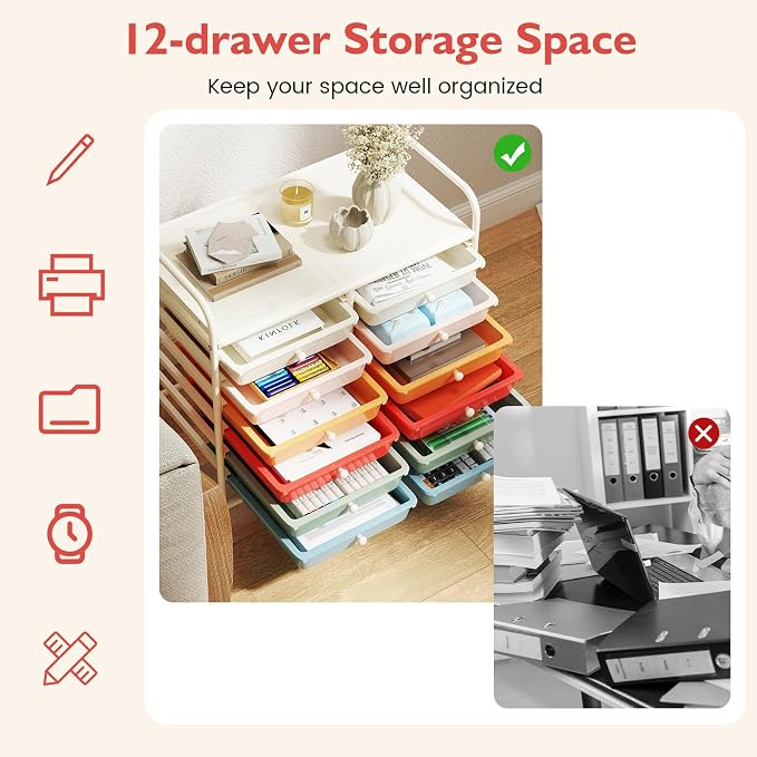 COSTWAY 12-Drawer Rolling Storage Cart, Utility Storage Organizer Cart | For Tools, Scrapbook, Paper, Craft, Multipurpose Art Supply Organizer on Wheels for Home Office School, Teacher, Macaron