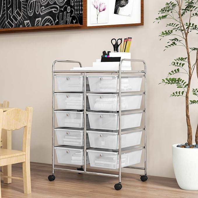 COSTWAY 10 Drawer Rolling Storage Cart, Utility Cart with Lockable Wheels | Mobile Art Supply Craft Organizer with Metal Frame, Multipurpose Drawer Cart for Paper for Office, School, Transparent