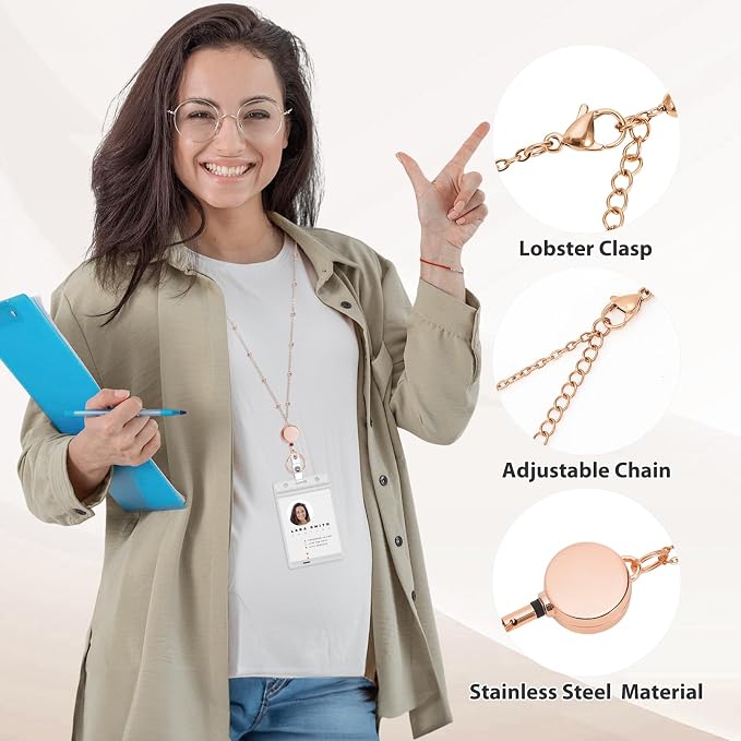 Rose Gold Lanyards for Id Badges Stainless Steel Badge Lanyard with 2 Pcs Waterproof Id Holder Retractable Badge Lanyards Teacher Lanyard for Cruise Ship Key Cards Badges