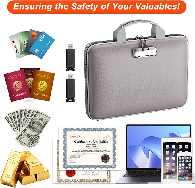 Fireproof File Organizer with Lock, Hard-Shell Document Box, Gray | Water Resistant, 13-Pocket Expanding Folder, Portable Safe Storage for Letter Legal Files, Laptop, Valuables, Large Capacity