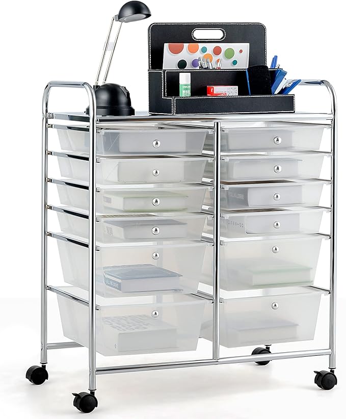 COSTWAY 12-Drawer Rolling Storage Cart, Moveable Art Craft Organizer | Lockable Wheels, Metal Shelf, Files Arrangement Tools Makeup Storage Cart for Office, Home, School (Clear)