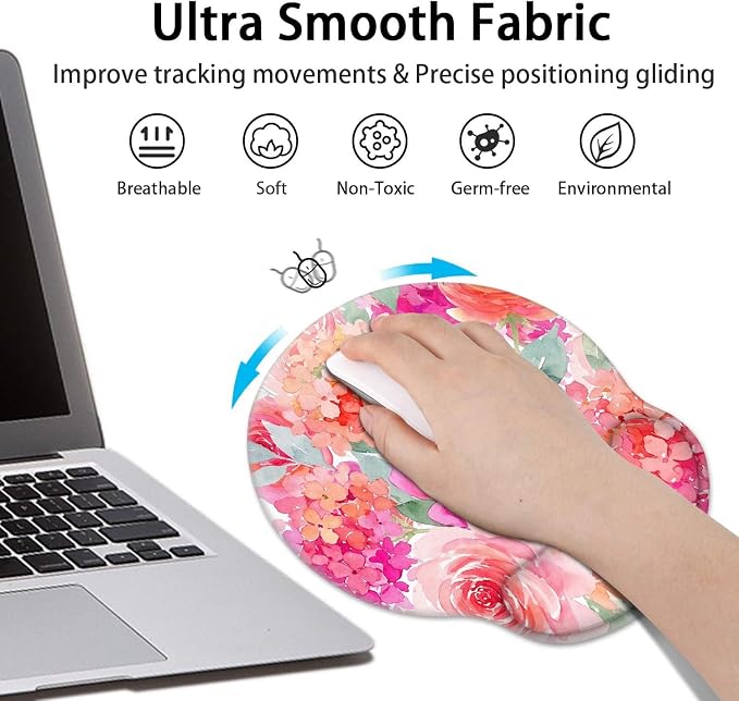 Ergonomic Mouse Pad Set with Wrist Rest, Pink Floral | Flower Peony Non-Slip Rubber Base Wrist Cushion Support and Coasters Mousepad with Wrist Support for Computer Keyboard