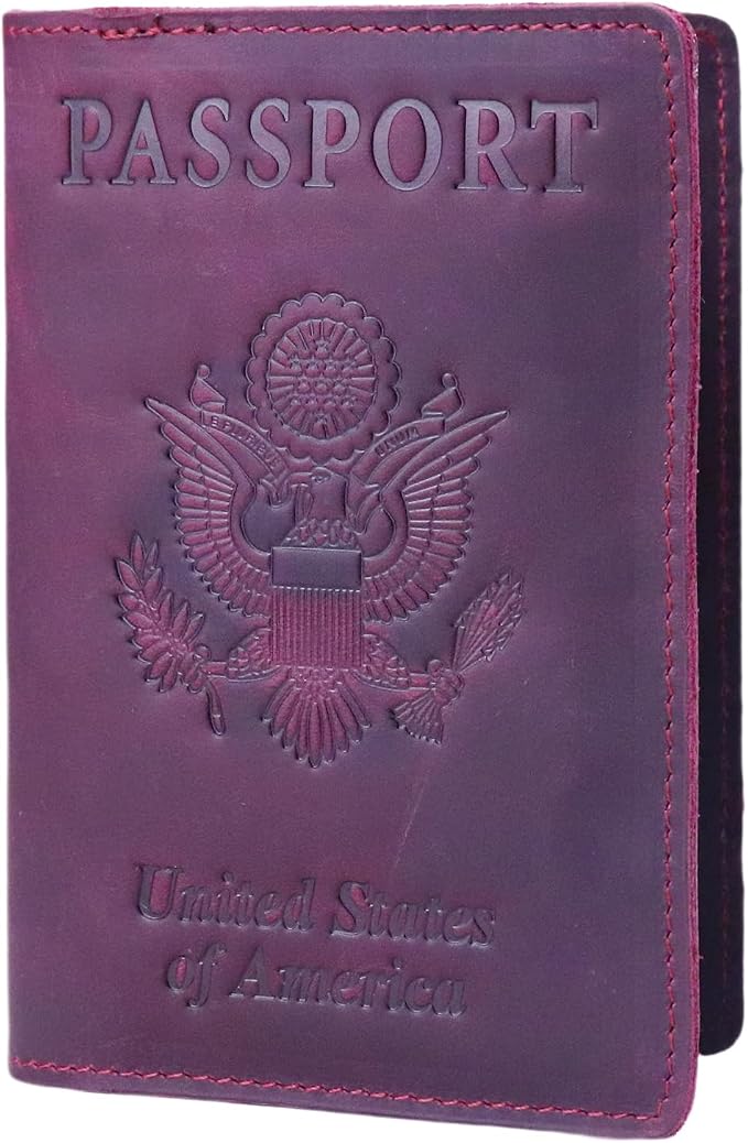 RFID Blocking Passport Holder Travel Wallet Genuine Leather Passport Case Cover Travel Document Organizer (Retro Red)