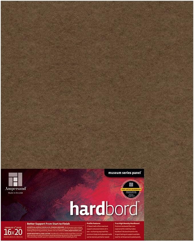Ampersand Art Supply Hardboard Wood Painting Panel: Museum Series Hardbord, 16" x 20", 2 Inch Cradled Profile