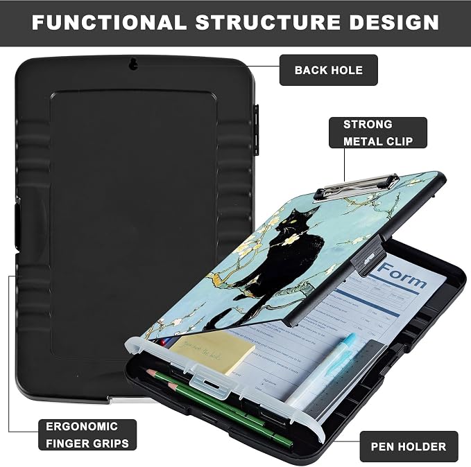 Clipboard with Storage,Storage Clipboard with Pen Holder,Heavy Duty Plastic Storage Clipboard with Low Profile Clip,Teacher Must Haves,Clipboard Folder,Office Supplies,Black Cat and Flowers