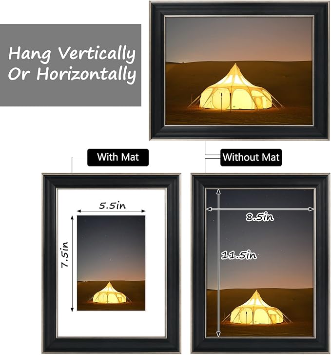 Golden State Art, 9X12 Photo Frame with White Mat for 6X8 Pictures & Real Glass, 1.25-Inch Wide, Antique Black