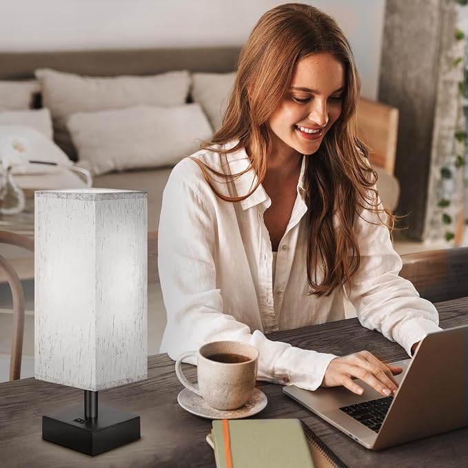 DEGNJU Small Bedside Lamp, Mini Minimalist Table Lamp with Square Flaxen Fabric Shade, 11 Inch Desk Reading Lamp for Bedroom, Living Room, Office, 2 Pack