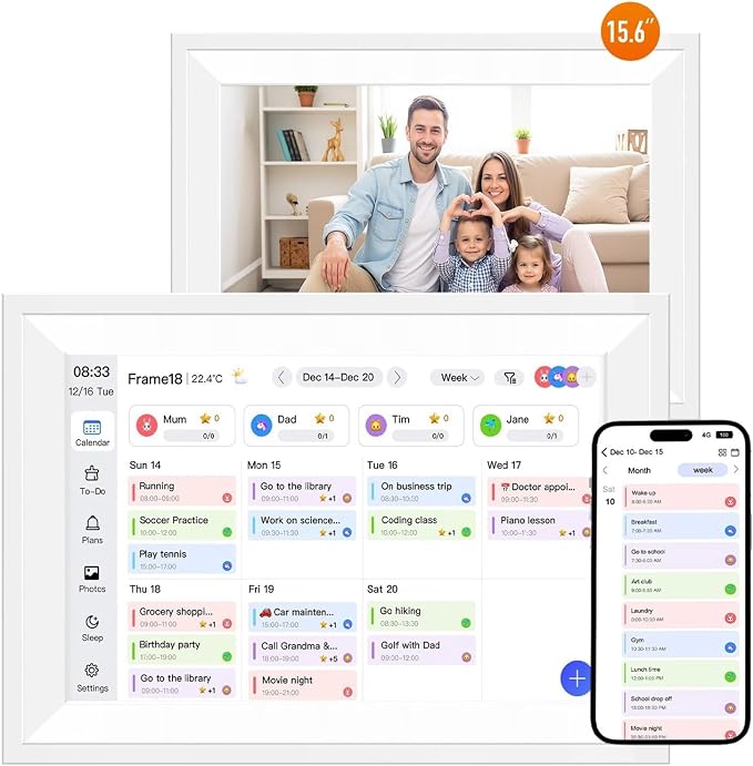 15.6" Smart Digital Wall Calendar Interactive Display for Family Schedules Wall Planner with Chore Charts Meal Planning Task Rewards 64GB Storage 1920x1080P IPS Touchscreen Digital Picture Frame White