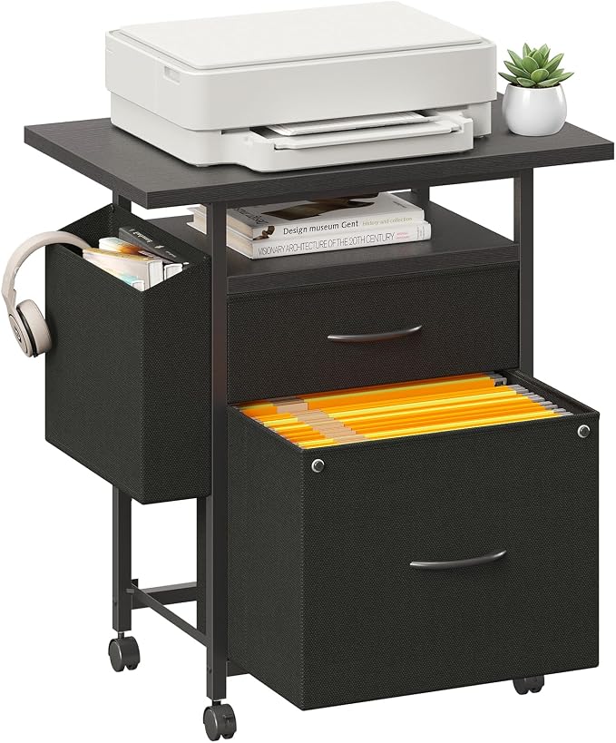 DUMOS 2 Drawer Mobile File Cabinet, Printer Stand with 24'' Wide Desktop | Fabric Drawer Cabinet Under Desk with Storage Side Bag,Rolling Printer Cart Not for Hanging Files for Home Office, Black