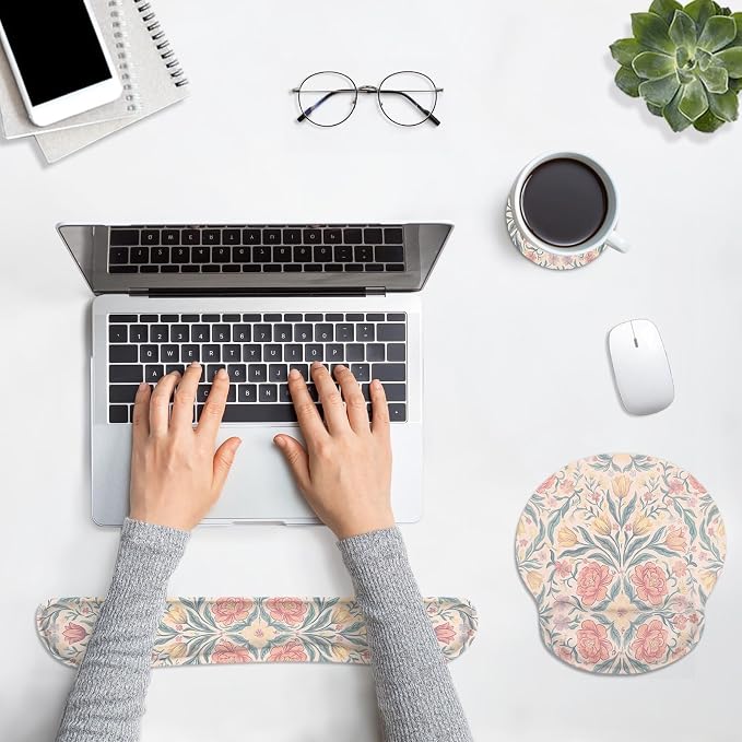 Ergonomic Mouse Pad Set with Wrist Rest, Floral Boho | Vintage Pink Non-Slip Rubber Base Wrist Cushion Support and Coasters Mousepad with Wrist Support for Computer Keyboard