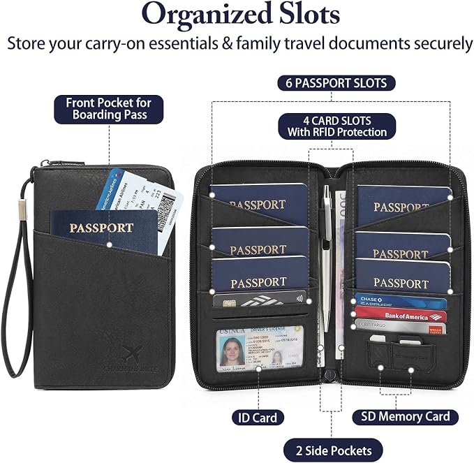 Family Passport Holder for Travel Women and Men RFID Blocking Passport Holder with Zipper Multi-functional Passport Wallet Passport Case Passport cover Travel Essentials