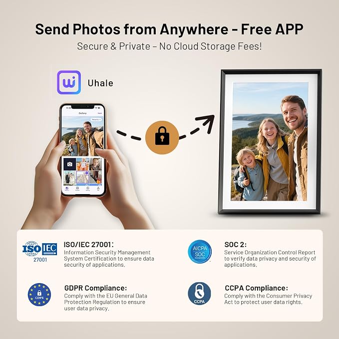 10.1" Smart WiFi Digital Picture Frame with 32GB Storage | Electronic Photo Frame with 1280 x 800 HD IPS Touch Screen Auto-Rotate for Wall/Tabletop, Gift for Woman,Mom, Dad, Wife