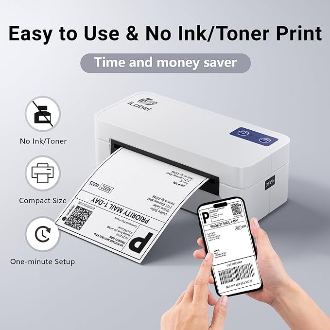 Bluetooth Thermal Smart Label Printer - Wireless 4x6 Shipping Label Printer, Compatible with Android & iPhone and Windows, Widely Used for Ebay, Amazon, Shopify, Etsy, USPS