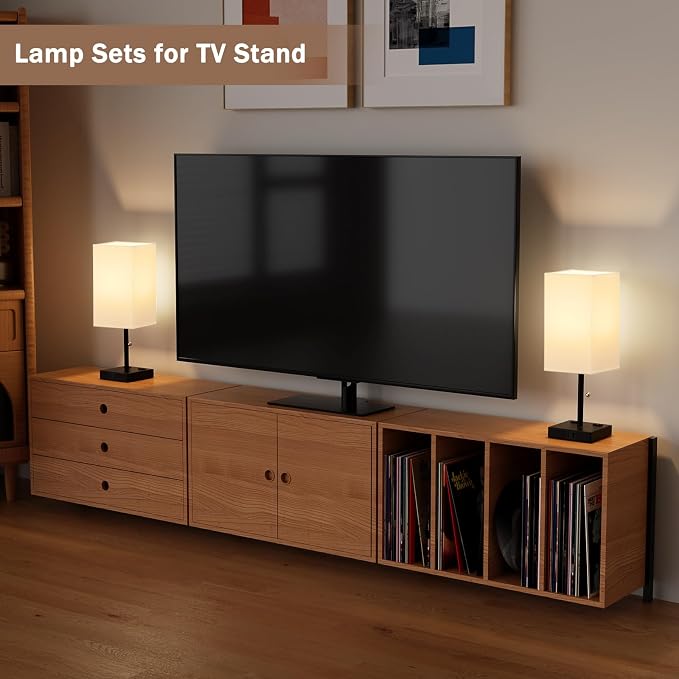 Bedside Lamp for Bedroom Set of 2 - Table Desk Lamp for Nightstand | USB A+C Ports, AC Outlet, 3 Color Temperatures, LED Bulb Included, Pull Chain, 14" Rectangular Desk Lamp for Office, 2-Pack