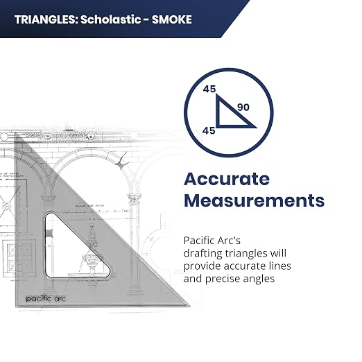 Pacific Arc's Scholastic Triangle - 12 inch - Smoke - 45/90 Angle - Polystyrene - Inking Edge - Technical Drawing Tools, Drafting, Architect and Engineering.