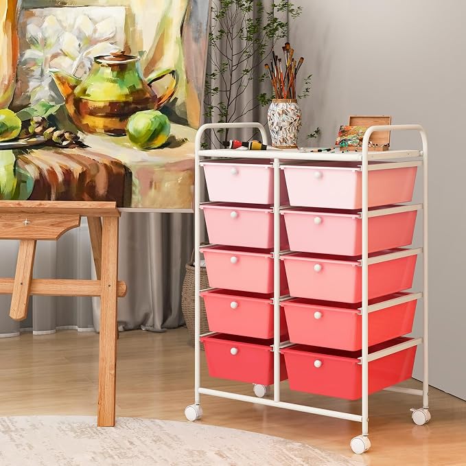 COSTWAY 10 Drawer Rolling Storage Cart, Utility Cart with Lockable Wheels | Mobile Art Supply Craft Organizer with Metal Frame, Multipurpose Drawer Cart for Paper for Office, School, Mixed Pink