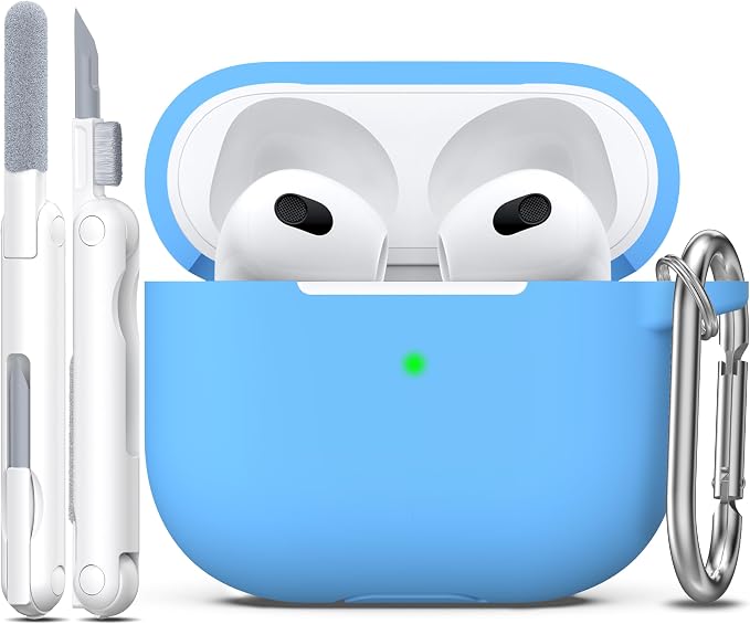 R-fun Compatible with AirPods 3 Case Cover, Silicone Protective Accessories Skin with Keychain Compatible with Apple AirPod 3rd Generation 2021 for Women Men Girls Boys,Front LED Visible,Light Blue
