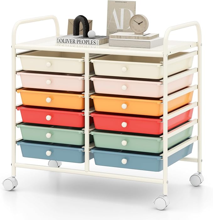 RELAX4LIFE 12-Drawer Rolling Storage Cart - Mobile Utility Cart on Wheels for School Classroom Teacher Office Salon, Paper File Art Supply Craft Organizer, Rolling Cart with Drawers (Macaron)