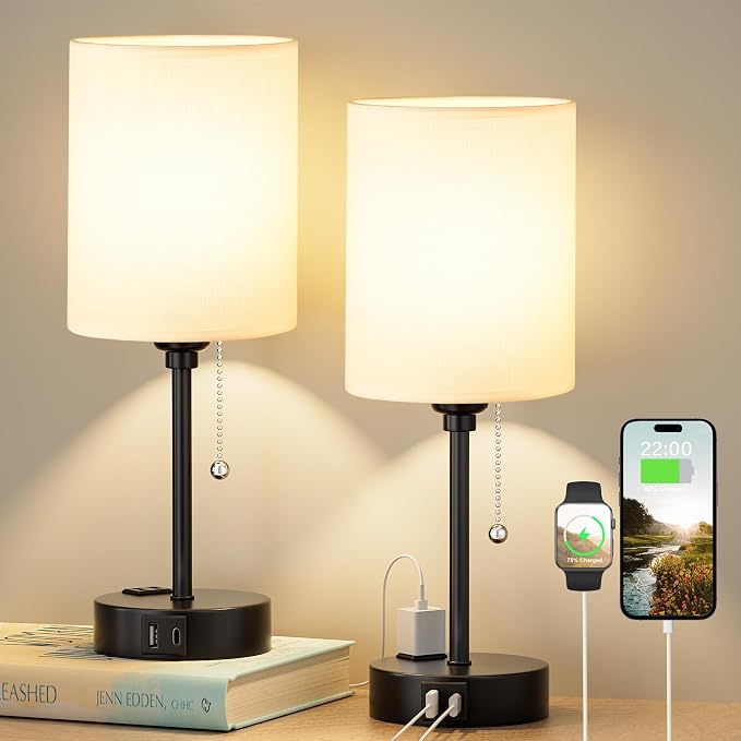 Bedside Table Lamp for Bedroom Set of 2, Small Desk Lamp with USB Ports | USB A+C Ports, AC Outlet, 3 Color Temperatures, LED Bulb Included, White Fabric Shade, Matte Black Base, 14" Tall, 2-Pack