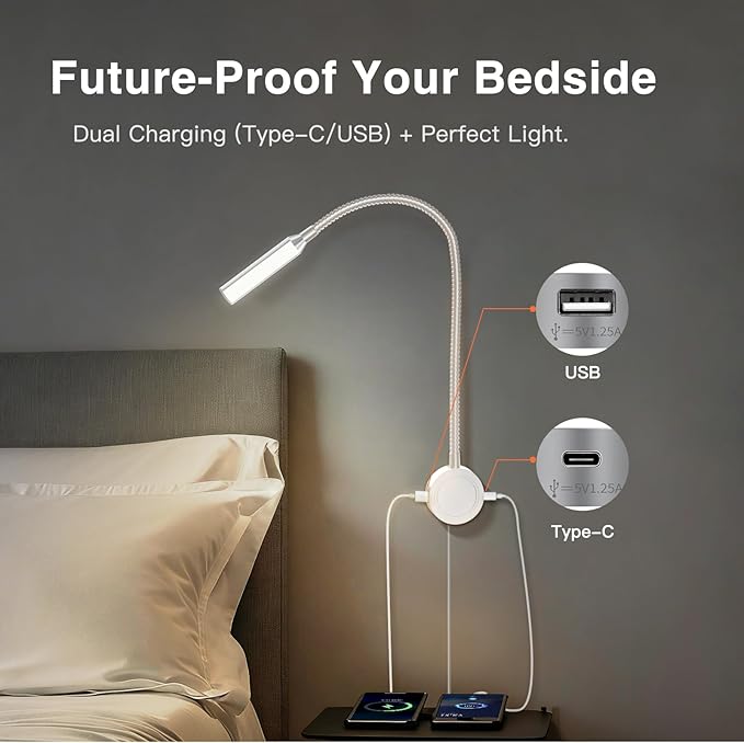 VST Books Lights for Headboard, Bedside Wall Mounted Reading Lamp, Reading Light Touch to Adjust Color Temp (3000K/4000K/6000K) and Brightness, USB/Type-C Charging Ports, 20W Driver, ETL-Listed