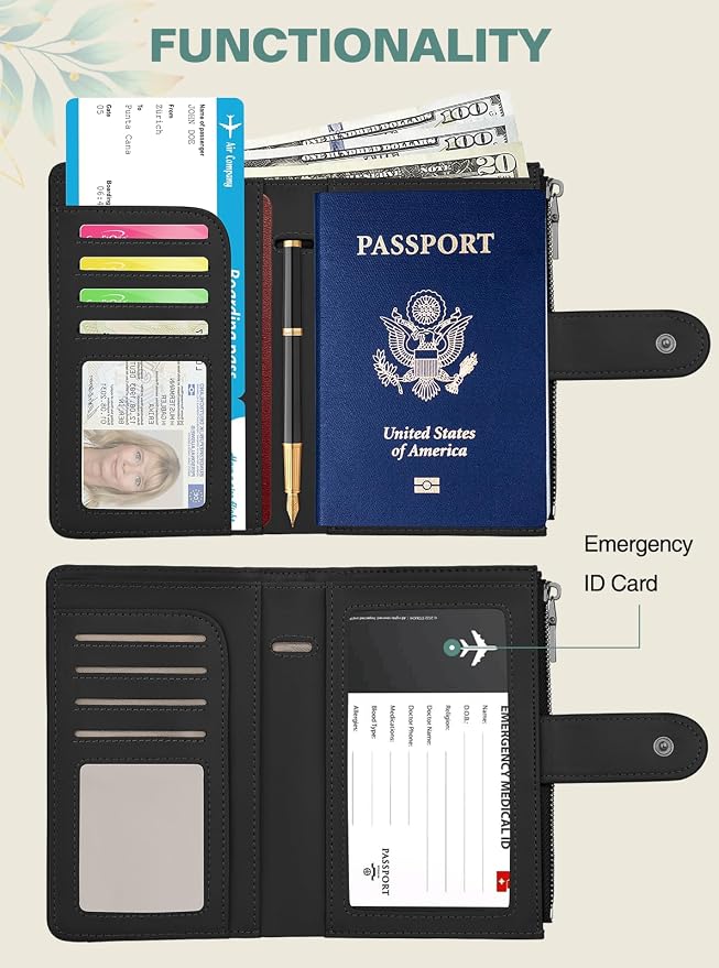 RFID Passport Holder for Travel, Leather Passport Wallet Cover with Airtag | with Airtag Slot, Card Cash Holders, Zippered Coins Pocket, for Women/Men, Gift Box, Travel Essentials, 4.1"L x 1"W x 6.3"H