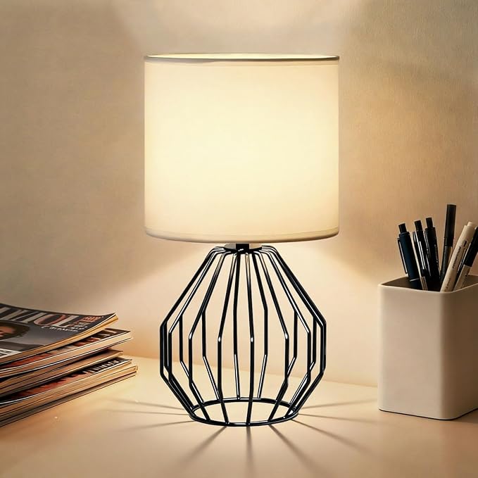 Small Table Lamp Black, Modern Minimalist Desk Lamp with Metal Base White Fabric Shade, Bedside Nightsand Table Lamp for Bedroom, Living Room, Kids Room