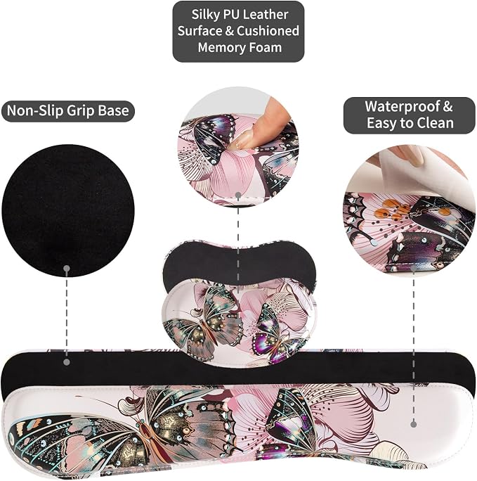 QIYI PU Leather Desk Mat Set, 4-in-1 Ergonomic Wrist Rest, Butterflies | Waterproof Large Mouse Pad 31.5×15.7 + Keyboard Wrist Rest + Mouse Wrist Support+Coaster, Non-Slip Office Gaming Accessories