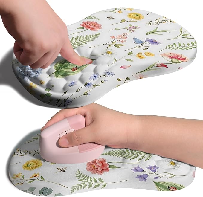 Ergonomic Joint Wrist Support Mouse Pad with Memory Foam Cushion Massage Bump, Carpal Tunnel Pain Relief Mousepad Slope Design for Wrist Rest, 11.8x7.9 in, Bee Butterfly Flower
