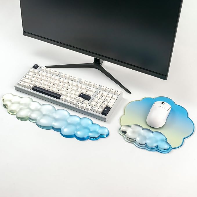 Keyboard Wrist Rest with Cloud Mouse Pad - Gradient Blue Ergonomic Gel Cloud Mouse Pad with Non-Slip Base, Cute Office Accessories for Desktop/Latop/Home/Office
