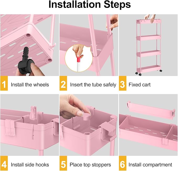 Slim Storage Cart 4 Tier,Bathroom Organizer Rolling Utility,Mobile Shelving Unit Slide Out for Office, Kitchen, Laundry Room & Narrow Places,Pink