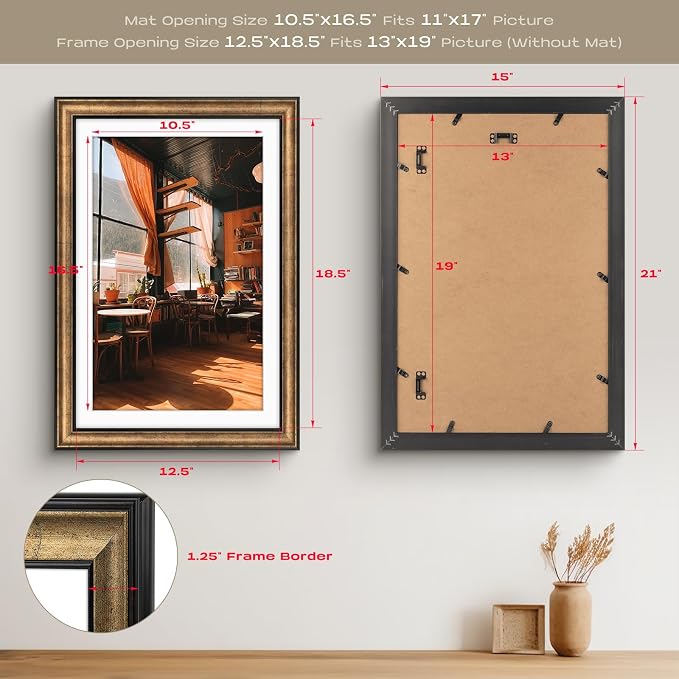 Golden State Art, 13x19 Photo Frame with Mat for Pictures 11x17 and Real Glass (Dark Gold Brown & Bronze Pewter Panel with White Color Mat, 1.25 Inch Frame Border)