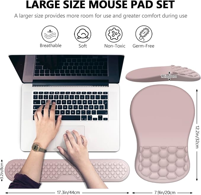 Ergonomic Mouse Pad Wrist Support, 2 in 1 Keyboard Wrist Rest Set | Memory Foam, 15° Ergonomic Slope, Massage Bead Design, Non-Slip PU Base, Lycra Fabric, for Office & Gaming, Gradient Pink