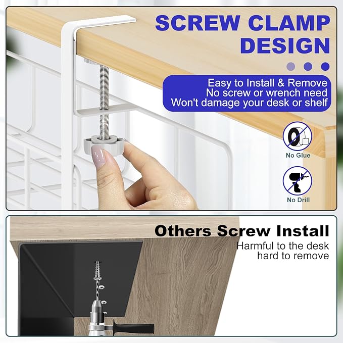 Under Desk Cable Management Tray No Drill Steel Rack White | No drill heavy duty steel cable tray 31.5",Clamp mount wire organizer,White adjustable under desk rack(2 pack)