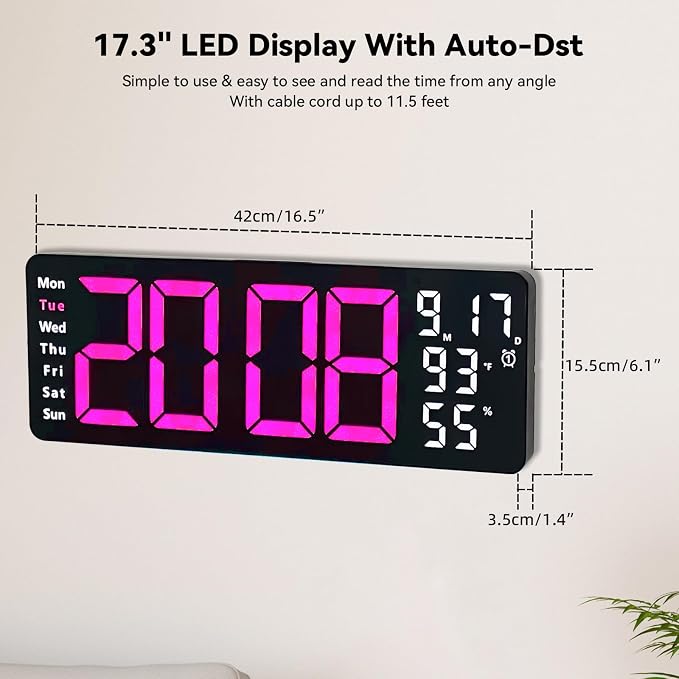 Digital Wall Clock Large Display, 17.3" Digital Clock with RGB Color Remote Control, Auto-Dimming Big Wall Clock with Night Light,Auto DST,Date Week,Temp for Home Decoration, for Elderly (Rose red)