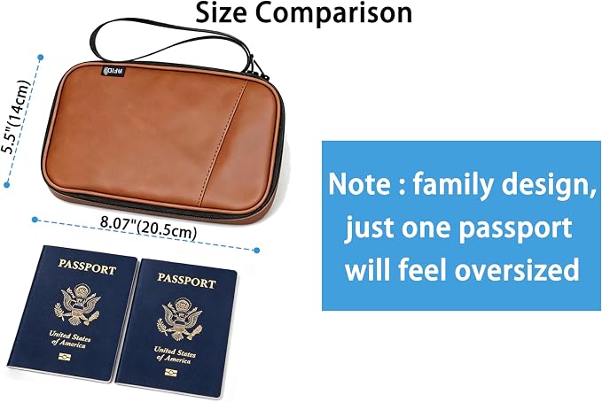 Lagre Family Passport Holder for 4, Brown | Multiple Passport Bag, RFID Blocking, Waterproof with Zipper, For Travel