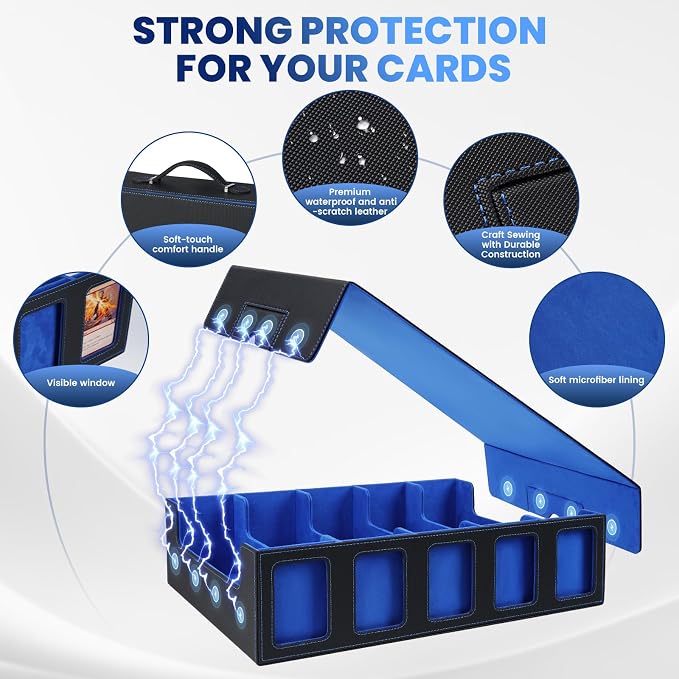 Trading Card Storage Box with Handle, 5-Row Portable Leather Game Case for 4000+ Cards,Blue Card Collection Box with Commander Display Window for MTG, Yugioh, and Sports Cards,Gifts for Card Collector